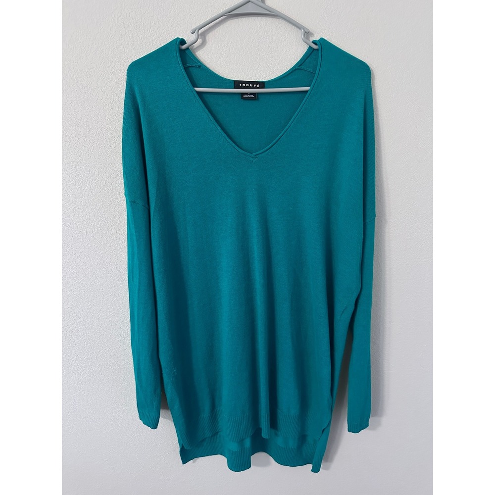 Trouve V-Neck Sweater Size M Teal Green Excellent Cashmere Blend Tunic Relaxed